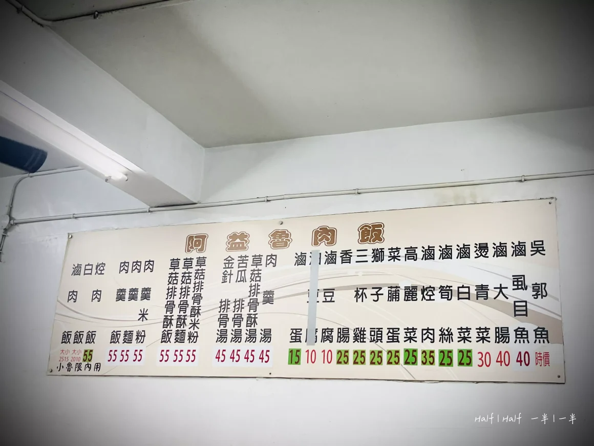 【板橋裕民夜市】《阿益魯肉飯》評價:一半是銅板價的滿漢全席,另一半是汗流浹背的生存遊戲 13 阿益魯肉飯的牆上菜單,詳細列出魯肉飯、湯品、各式小菜的名稱與價錢。