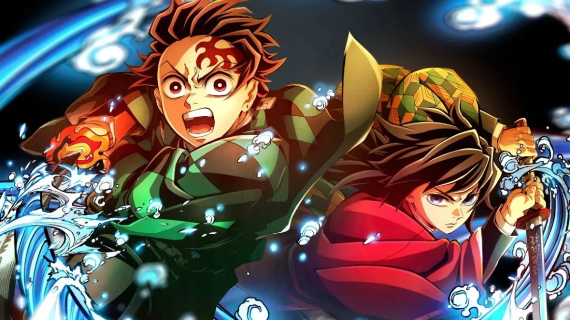 《鬼滅之刃劇場版 無限城篇》一半是經費燃燒,另一半是眼淚燃燒 15 《鬼滅之刃》中的主角竈門炭治郎與水柱富岡義勇共同作戰的畫面,兩人身邊環繞著藍色的水之呼吸特效。