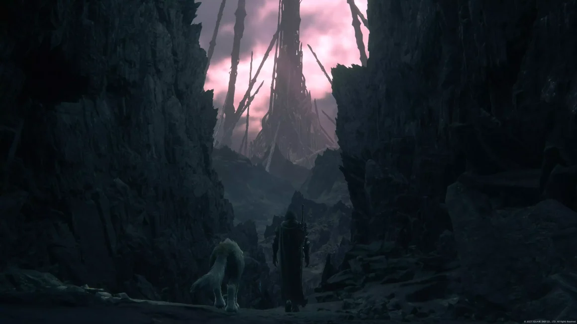 《FF16》好玩嗎?一個老粉的真心話評價:頂級演出下的機械化體驗 17 《Final Fantasy XVI》的遊戲畫面,主角克萊夫與他的狼夥伴托加爾,正從一個峽谷中走出,望向遠方一座巨大而奇異的尖塔建築。