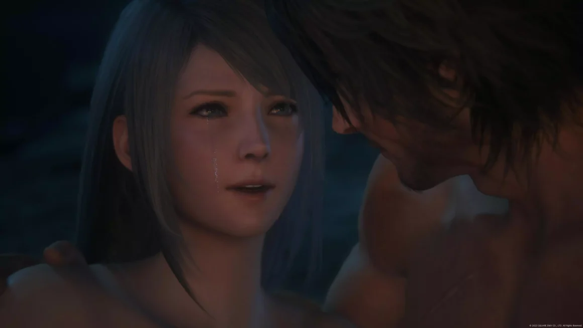 《FF16》好玩嗎?一個老粉的真心話評價:頂級演出下的機械化體驗 22 《Final Fantasy XVI》的遊戲畫面,女主角吉兒正流著淚,深情地望著眼前的男主角克萊夫。