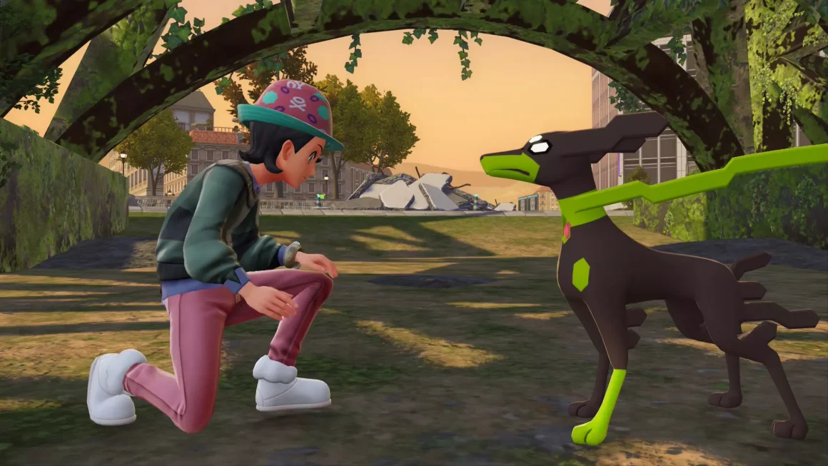 《寶可夢傳說 Z-A》推?不推?一個衝動,意外撞進一場瑕不掩瑜的派對 30 寶可夢傳說Z-A的遊戲截圖,玩家在一個被毀壞的拱門下,蹲著與傳說中的寶可夢「基格爾德」(核心型態)對望。