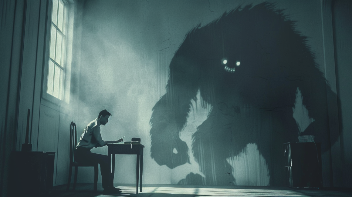 《如何戰勝拖延症?》一半是與腦中的猴子和解,另一半是把人生當遊戲打 15 一個概念插畫,描繪一個男子坐在書桌前,他身後的牆上投射出一個巨大、猙獰的毛茸茸怪獸的影子,象徵著拖延症背後的內心恐懼。