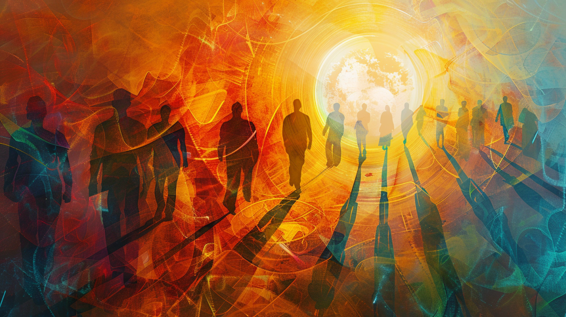 《影響力法則》心得:一半是社交的科學外掛,另一半是我早就該懂的遊戲規則 9 一群人的剪影,正朝著一個巨大而明亮的光源前進,背景是充滿能量流動的暖色調抽象圖案,象徵著共同的目標與社群的力量。